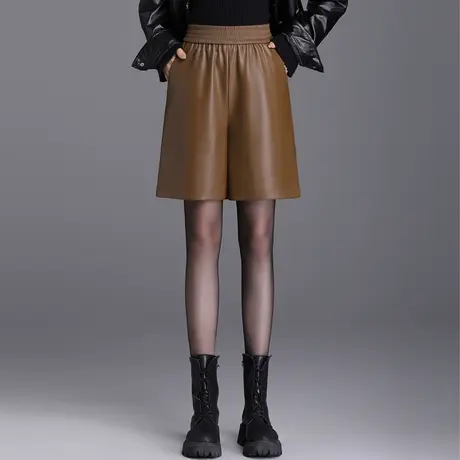 时尚松紧腰短裤女秋冬流行直筒五分PU皮裤显瘦2023新款阔腿裤靴裤图片