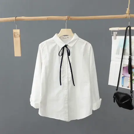 文艺小清新系带白衬衫女长袖纯棉春秋百搭设计感衬衣叠穿打底上衣图片