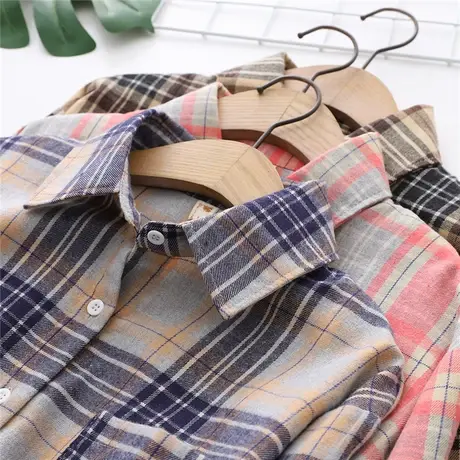 纯棉磨毛格子衬衫女复古文艺春秋新品宽松韩版长袖打底衬衣外套潮图片