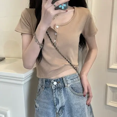 纯色基础款短袖T恤女装2023夏季修身显瘦打底衫ins时尚百搭上衣潮商品大图