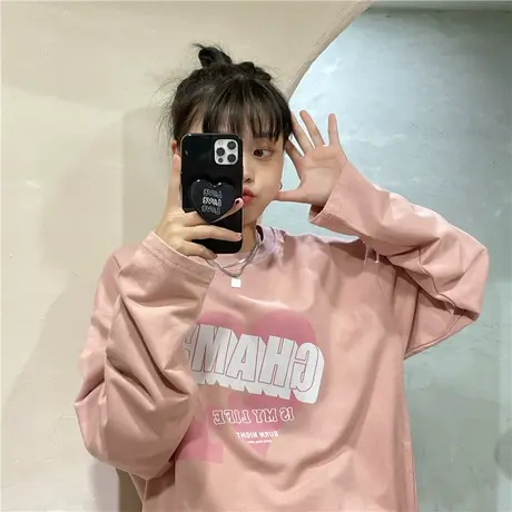 红续原创爱心小众设计感新款港风ins宽松bf盐系纯棉长袖T恤卫衣女图片