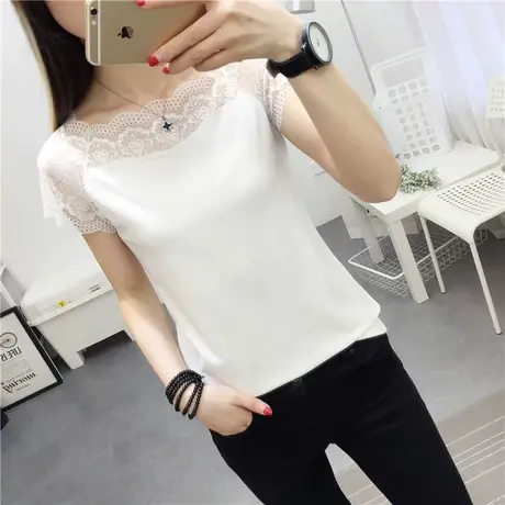 女装一字肩蕾丝超仙 短袖女t恤网红衣服女 街拍款chic上衣夏 复古商品大图