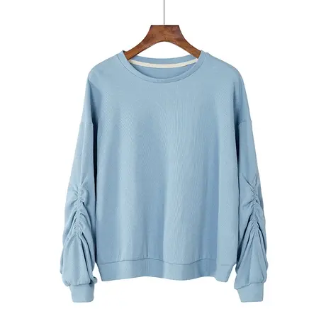 秋冬新款韩版纯棉卫衣宽松休闲大码长袖上衣体恤褶皱纯色内搭女装商品大图