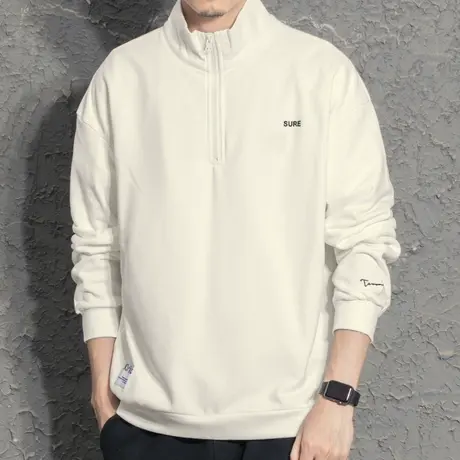 奕飏秋季2021新款卫衣男士潮牌亨利领拉链宽松毛圈布纯色薄款外套商品大图