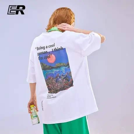 ER落日印花T恤男士ins潮牌休闲半袖宽松街头情侣短袖夏装纯棉上衣商品大图