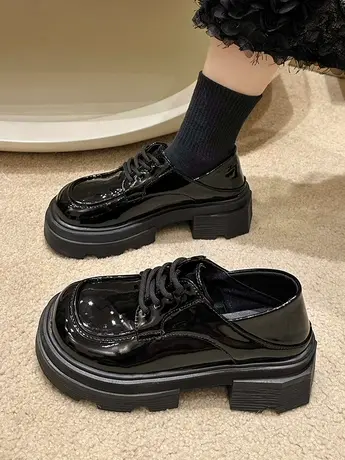 英伦风复古百搭厚底两穿小皮鞋女2023新款秋季粗跟黑色漆皮乐福鞋商品大图