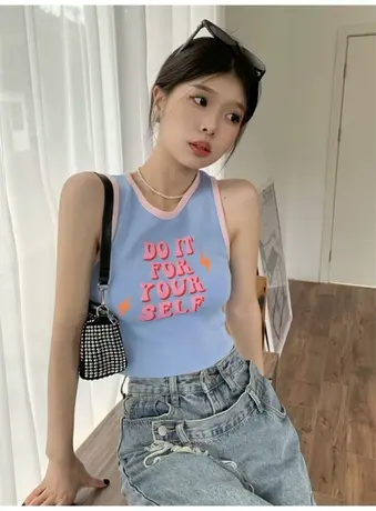 韩版印花吊带背心女外穿打底修身百搭显瘦无袖辣妹ins上衣小背心图片