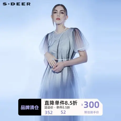 sdeer圣迪奥女装圆领泡泡袖收腰网纱连衣裙S222Z12R5图片