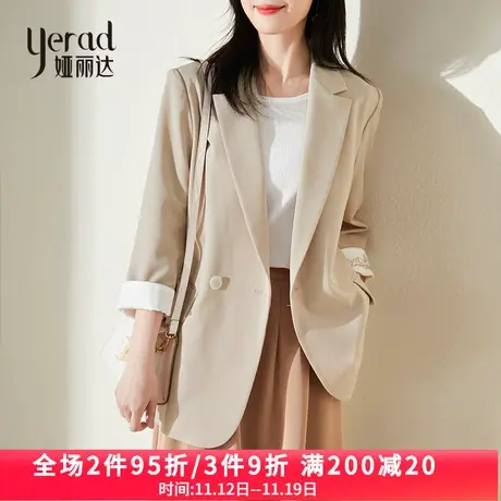 娅丽达驼色休闲西装宽松外套女2023秋季新款设计感七分袖垂顺西服商品大图