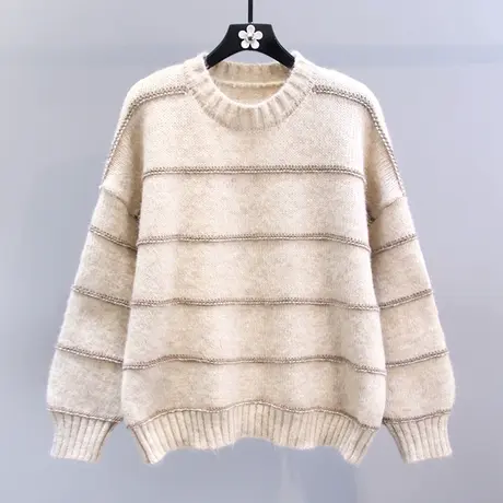 复古条纹圆领毛衣女秋冬2023新款宽松慵懒风洋气百搭长袖针织衫商品大图