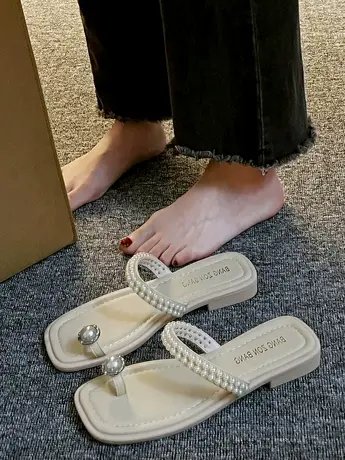 珍珠人字拖鞋女夏外穿夹脚套趾凉鞋法式低跟平底沙滩罗马小众凉拖图片