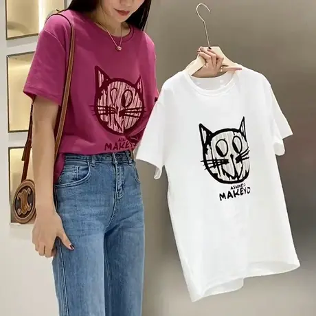 T恤女2023早春新款卡通猫咪短袖圆领韩版宽松小个子百搭打底上衣商品大图