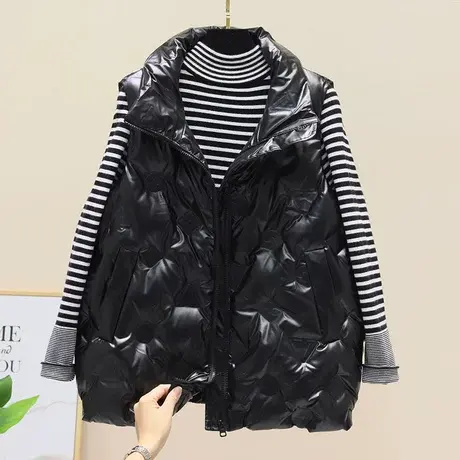 欧洲站2023新款时尚亮面羽绒棉马甲女装宽松压花背心马夹冬装外套商品大图