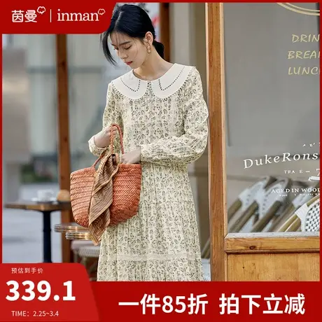 茵曼全棉碎花连衣裙女2024春装新款法式小清新娃娃领过膝中长裙子图片