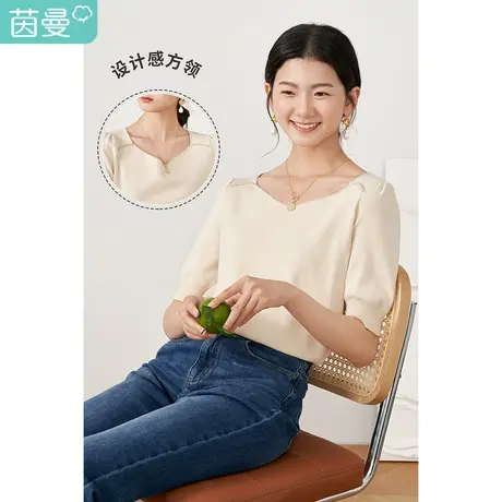 【商场同款】茵曼方领针织衫气质女2022秋季新款法式基础短袖上衣商品大图