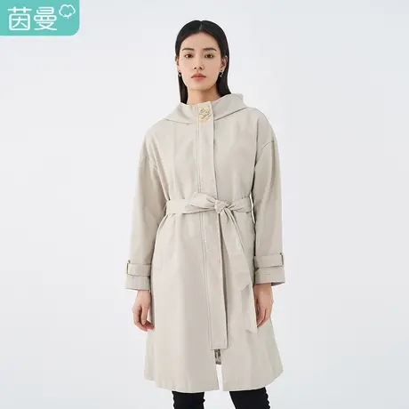 【商场同款】茵曼2023春装新款休闲猫头鹰绣花连帽长袖风衣配腰带图片