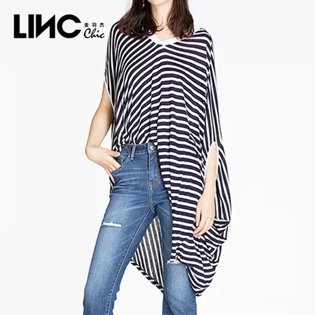 断码清仓LINC金羽杰2023秋季新款不对称设计感宽松条纹针织衫女商品大图