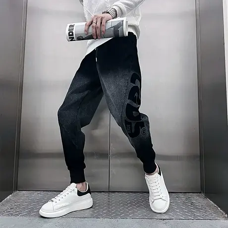 春秋季潮牌渐变字母印花休闲裤男潮流韩版痞帅修身束脚哈伦裤卫裤图片