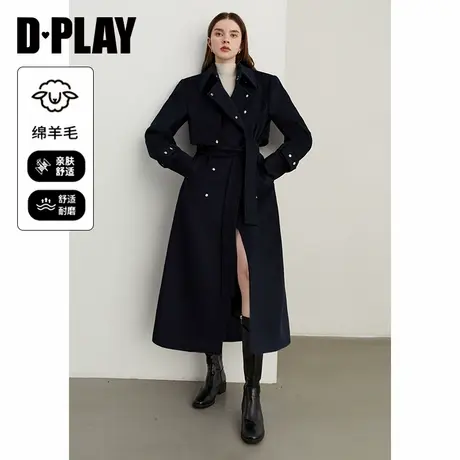 DPLAY【黑标】年冬季新款百搭翻领藏青羊毛大衣毛呢外套女图片