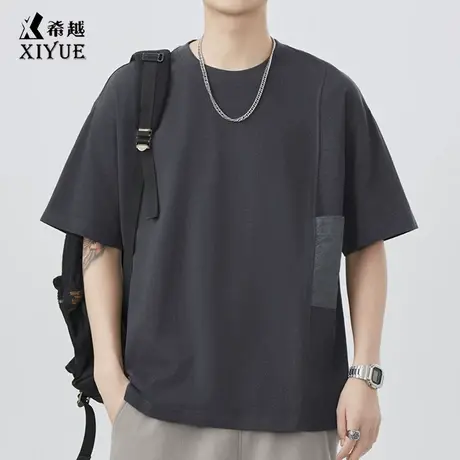 双色拼接休闲短袖T恤男生夏季新款透气衣服宽松舒适落肩袖体恤衫商品大图