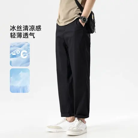 hansca夏季轻薄款冰丝休闲裤男士2025新款弹力黑色直筒锥形长裤子商品大图
