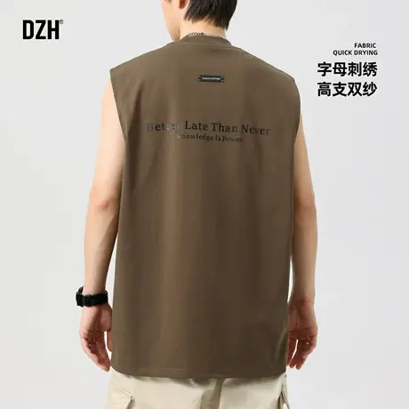 男士无袖背心男款刺绣高支咖色t恤男2025新款美式复古坎肩夏薄款图片
