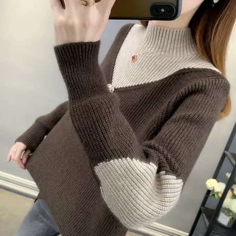 半高领打底衫秋冬装女士毛衣宽松外穿2023年新款爆款拼色加厚内搭商品大图