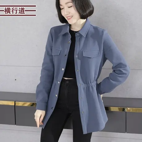 2023新款冬装衬衫领收腰中长款外套女装纯色妈妈大码胖MM休闲上衣图片