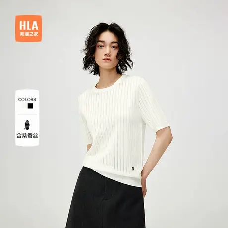 HLA/海澜之家轻薄短袖针织衫25夏季新含桑蚕丝圆领含羊毛毛衣女装商品大图