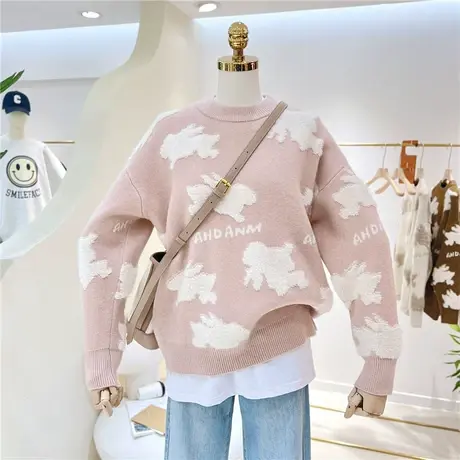 2022春秋冬百搭卡通立体织花兔子宽松加厚圆领针织毛衣女内搭单穿商品大图