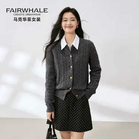 马克华菲复古绞花针织衫女2025秋冬新款正肩圆领麻花气质毛衣开衫图片