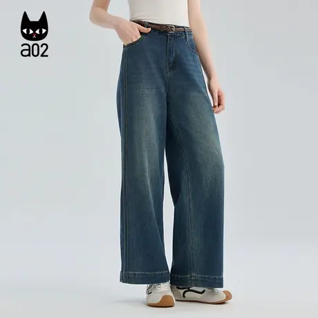 a02宽松阔腿牛仔裤女2025新款秋季直筒裤子设计感秋装休闲长裤图片
