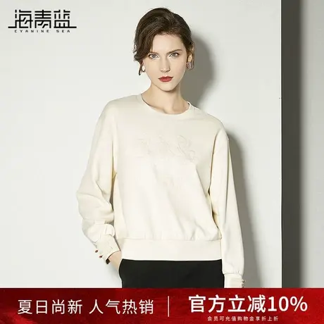 海青蓝时尚洋气休闲长袖卫衣女2025春装新款国风设计刺绣通勤上衣商品大图