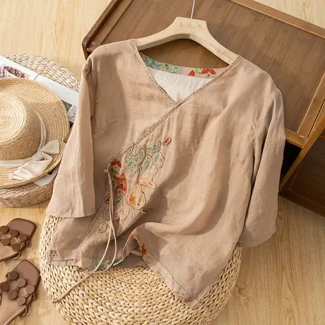 享永子七分袖苎麻茶服女夏文艺复古国风印花斜襟棉麻上衣2023新款图片