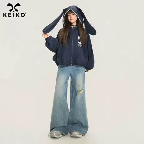 KEIKO 复古水洗毛边破洞大喇叭牛仔裤25秋季美式低腰微喇阔腿长裤图片