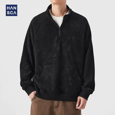 hansca400g肌理感半开襟立领卫衣男2025秋季宽松复古做旧保暖上衣商品大图