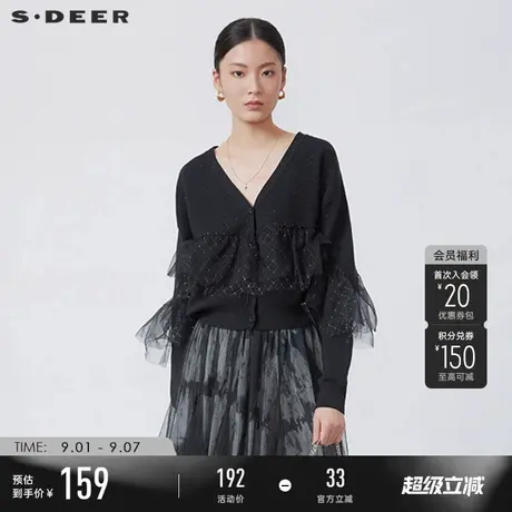 sdeer圣迪奥秋季女装V领网纱格纹拼接开衫针织衫S223Z3541商品大图