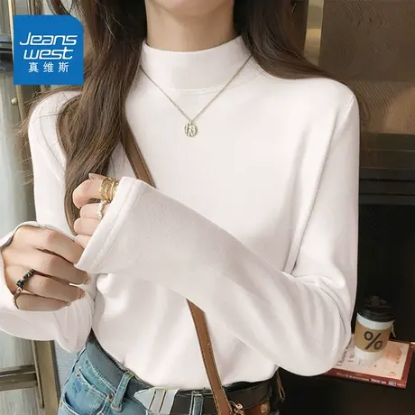 NOE真维斯长袖t恤女2025新款秋冬季青少年加厚半高领德绒打底衫商品大图