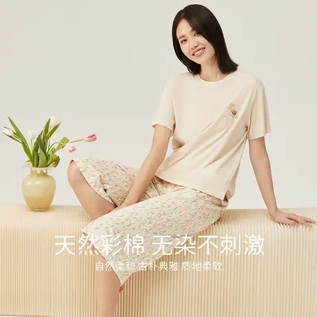 顶瓜瓜纯棉睡衣夏季女短袖薄款印花七分裤可外穿家居服套装商品大图