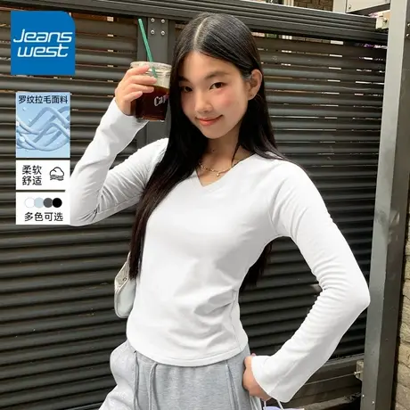 KV真维斯白色长袖上衣女2025新款秋女士修身显瘦v领t恤内搭打底衫商品大图