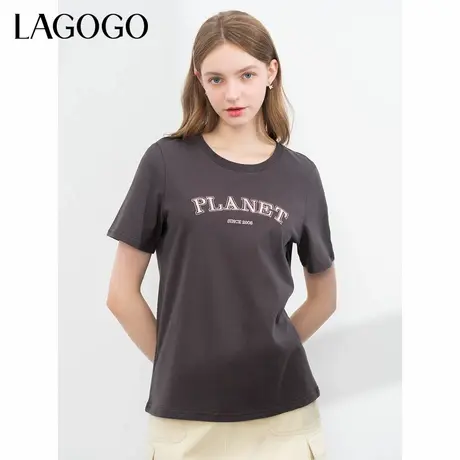 LAGOGO学院风甜美圆领纯棉T恤女拉谷谷夏季新款短袖弹力百搭上衣商品大图