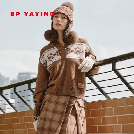 EP雅莹女装 牦牛绒羊毛混纺连帽提花针织衫 2023秋冬新款9533A商品大图