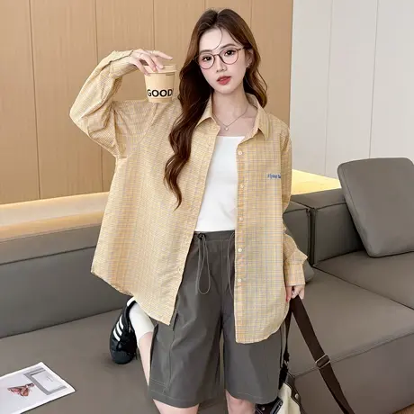 唐狮新款女长袖格子衬衫衬衣外套百搭休闲黄色前胸刺绣上衣blTM图片