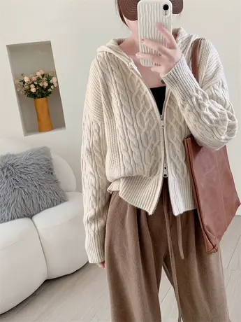 复古麻花拉链连帽毛衣开衫女春秋季新款设计感小个子针织外套上衣商品大图