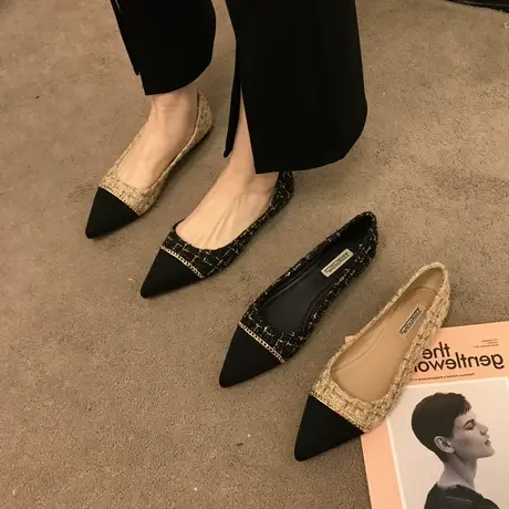 【真皮】平底单鞋女2023新款秋季拼色复古小香风尖头船鞋软底瓢鞋商品大图