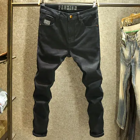 黑色显瘦牛仔裤男款韩版修身小脚弹力长裤秋冬款小众刺绣百搭裤子商品大图