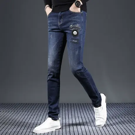 秋冬新款高端轻奢蓝色牛仔裤男潮牌弹力印花刺绣休闲韩版修身长裤图片