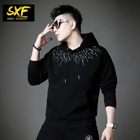 SXF圣希梵卫衣男连帽 欧美暗黑系烫钻潮牌宽松秋冬套头衫男士外套商品大图