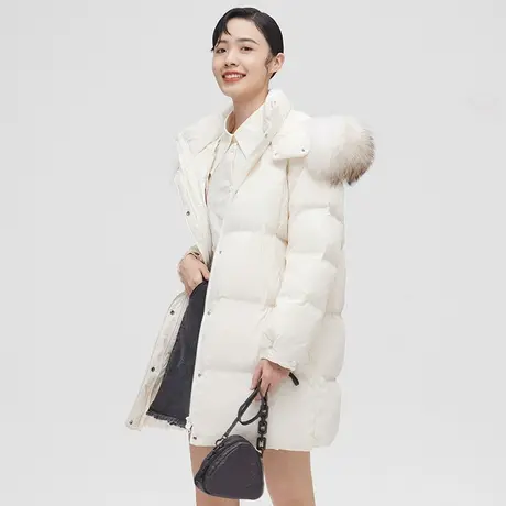 【直播】艾莱依 羽绒服女高端大牌大毛领保暖白色中长款连帽外套图片