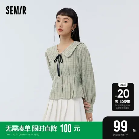 [商场同款]森马长袖衬衫女短款大翻领复古2023春新款格子衬衣通勤商品大图